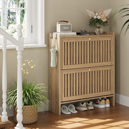 31.5" Modern Slatted Shoe Cabinet with 2 Flip Drawers
