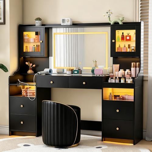 62" Large Black Vanity Desk with Glass Top