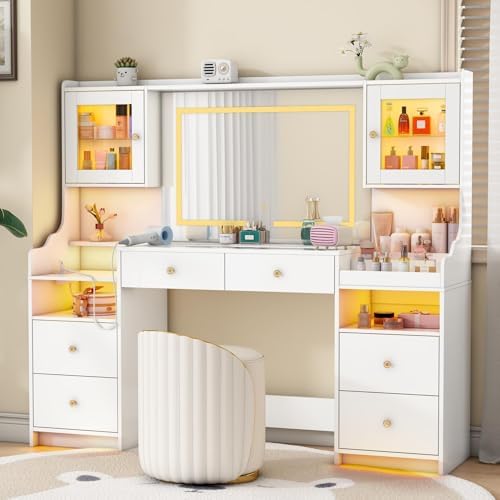 62" Large White Vanity Desk with Glass Top
