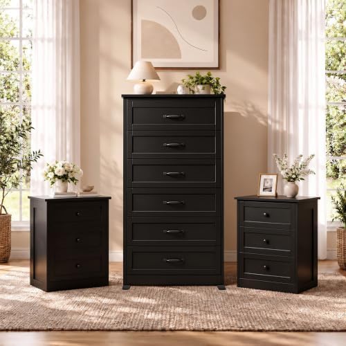 Black 6-Drawer Dresser & 4-Drawer Nightstands Set of 2