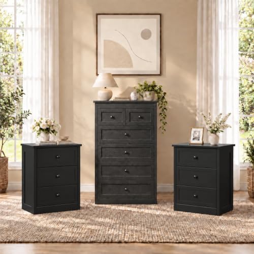 Black Dresser Bedroom Set, 6 Drawer Dresser & 4 Drawer Nightstands