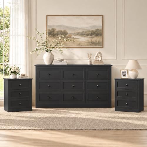 Black Dresser Bedroom Set, 9 Drawer Dresser & 4 Drawer Nightstands | …