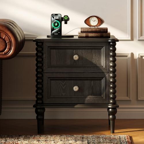 Black Wooden Nightstand with 2 Drawers, Metal Handles, Built-in USB/T…