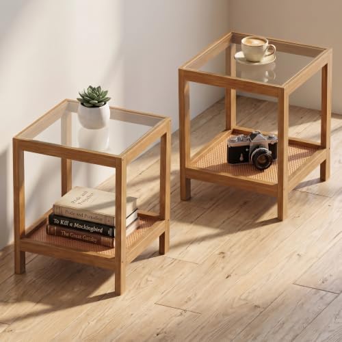 Boho End Table Set of 2 with Tempered Glass Top & Open Rattan Shelf