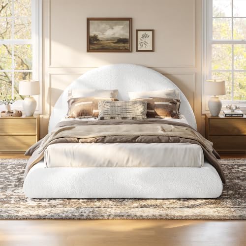 Full Size Upholstered Cloud Bed Frame with Half-Moon Boucle Headboard… - Pearl White