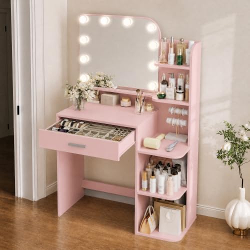 Makeup Vanity Desk with Mirror and Lights, 32" W x 14" D x 52" H, Gir…