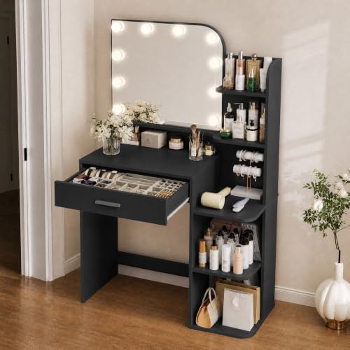 Makeup Vanity Desk with Mirror and Lights, 32" W x 14" D x 52" H, Gir…