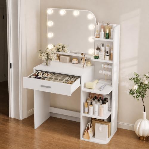 Makeup Vanity Desk with Mirror and Lights, 32" W x 14" D x 52" H, Gir…