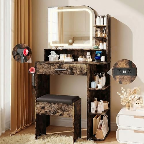 Makeup Vanity Desk with Mirror and Lights, Girls Vanity Set with Stor…