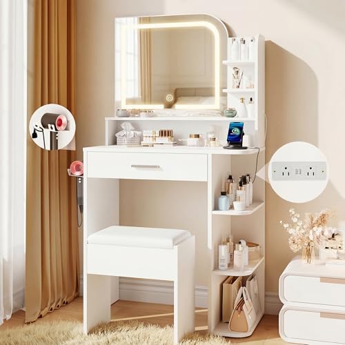Makeup Vanity Desk with Mirror and Lights, Girls Vanity Set with Stor…
