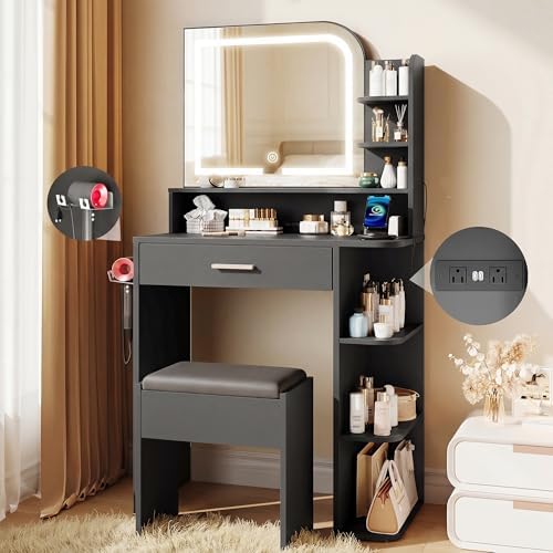 Makeup Vanity Desk with Mirror and Lights, Girls Vanity Set with Stor…