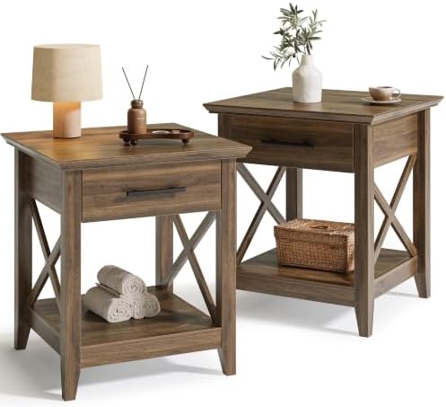 Nightstands Set of 2, Bedside Table with Drawer, Rustic Brown