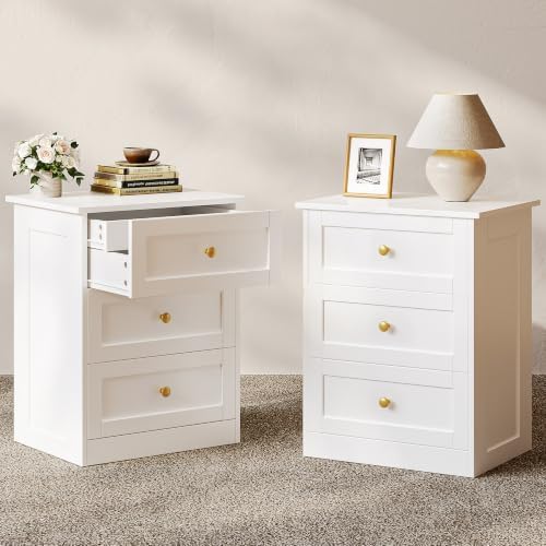 Nightstands Set of 2 with Hidden Drawer, White and Gold