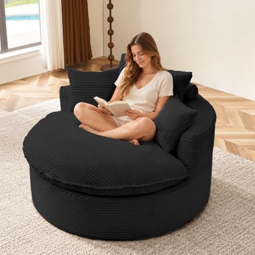 Oversized Round Chaise Lounge, Boneless Chair | Upholstered Reading C… - Black