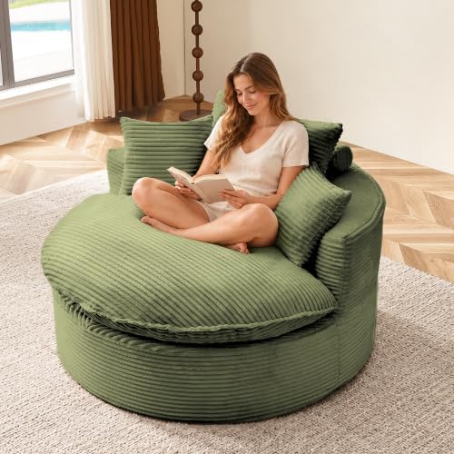 Oversized Round Chaise Lounge, Boneless Chair | Upholstered Reading C… - Green