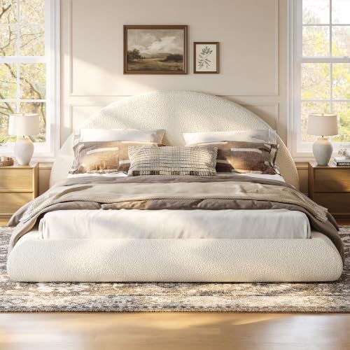 Queen Size Upholstered Cloud Bed Frame with Half-Moon Boucle Headboard