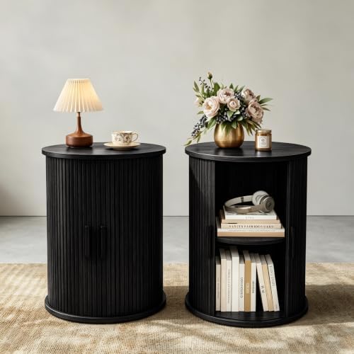 Round Fluted End Table Set of 2, Tall Side Table with Sliding Tambour…