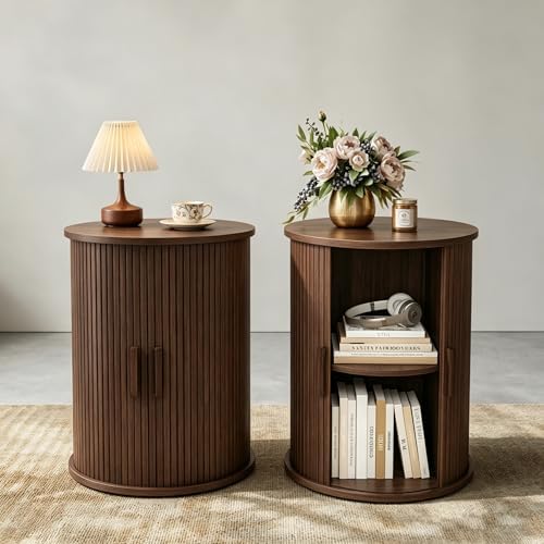 Round Fluted End Table Set of 2, Tall Side Table with Sliding Tambour… - Walnut-set of 2