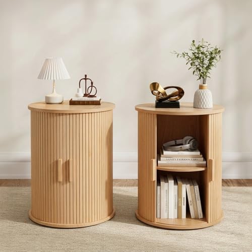 Round Fluted End Table Set of 2, Tall Side Table with Sliding Tambour…