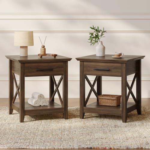 Side Table Set of 2, Farmhouse End Table with Drawer, Brown | Wood Be…