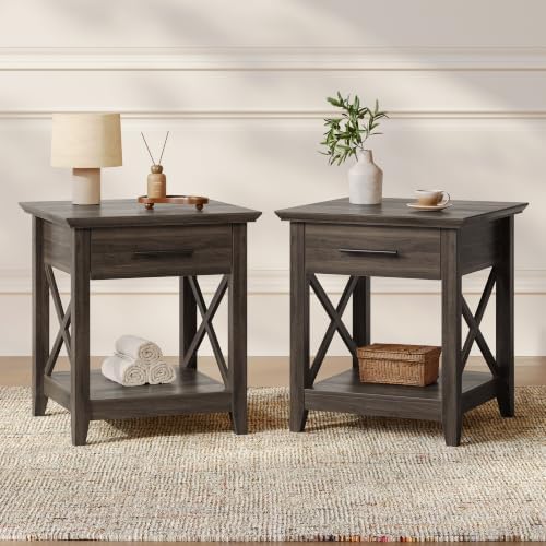 Side Table Set of 2, Farmhouse End Table with Drawer, Dark Gray | Woo…