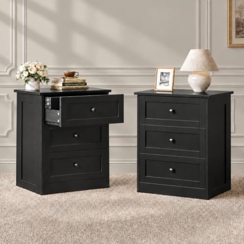 Side Table Set of 2 with Hidden Drawer, Black End Table