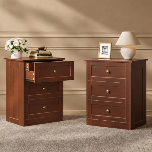 Side Table Set of 2 with Hidden Drawer, Walnut End Table