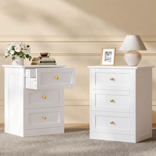 Side Table Set of 2 with Hidden Drawer, White and Gold End Table