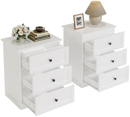 Side Table Set of 2 with Hidden Drawer, White End Table