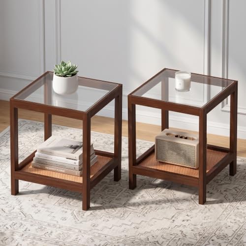 Solid Wood Boho Nightstands Set of 2, Tempered Glass Top Bedside Tabl…