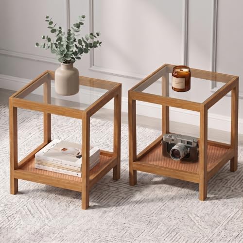 Solid Wood Boho Nightstands Set of 2, Tempered Glass Top Bedside Tabl…