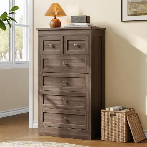 Tall 6 Drawer Dresser for Bedroom, Gray Walnut Modern 43.3'' Tall Woo…