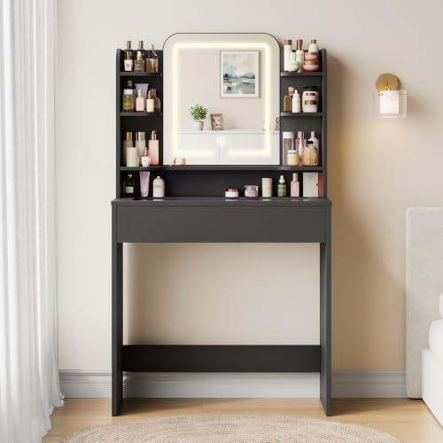 Vanity Desk with LED Lighted Mirror, Open Storage Shelves, Black
