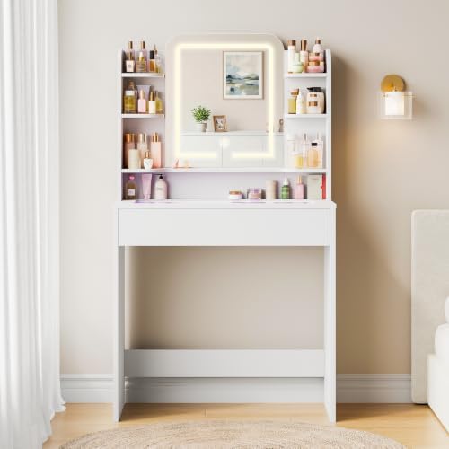 Vanity Desk with LED Lighted Mirror, Open Storage Shelves, White