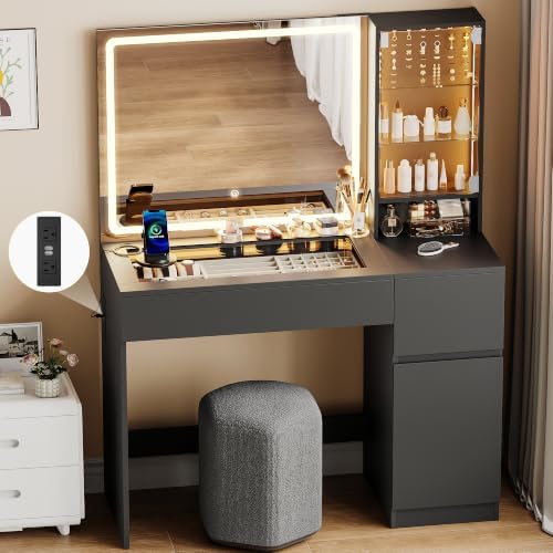 Vanity with Glass Top, Black Vanity Desk with Mirror and Lights