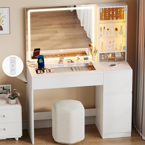Vanity with Glass Top, White Vanity Desk with Mirror and Lights