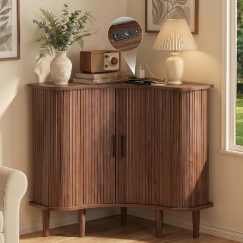 Wood Fluted Corner Cabinet with Built-in Outlets, Triangle Storage Ca…